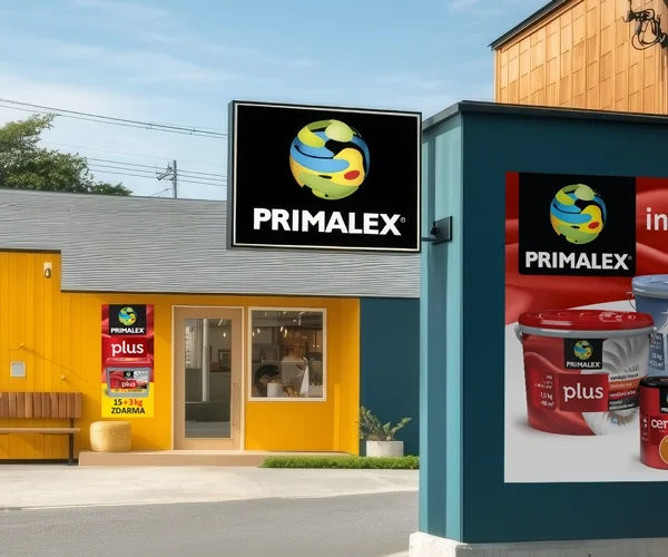 Prodejna Primalex se žlutou fasádou, velkou černou cedulí s logem a plakáty s barvami Primalex Plus