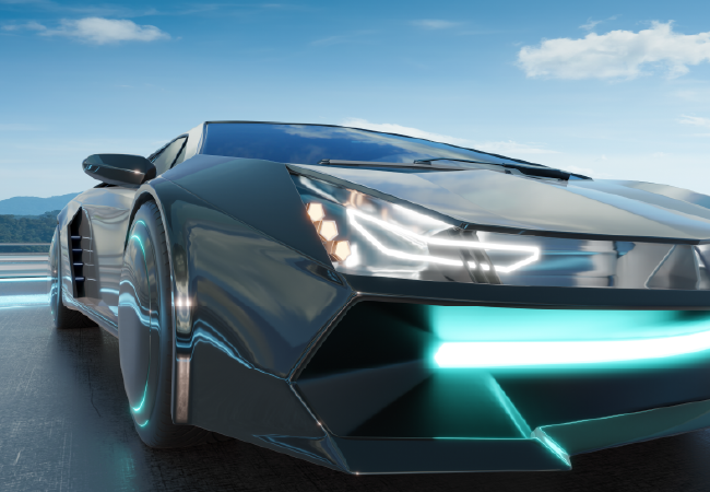 Close-up of a futuristic sports car front end with angular body lines and glowing blue LED lighting, parked on an open roadway.