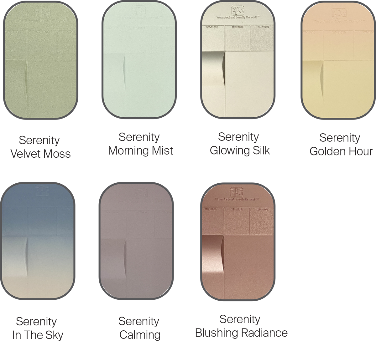 Row of eight PPG paint swatches displaying colors named Serenity Velvet Moon, Serenity Morning Mist, Serenity Glowing Silk, Serenity Golden Hour, Serenity In The Sky, Serenity Ceiling, Serenity Blushing Romance arranged vertically with two rows