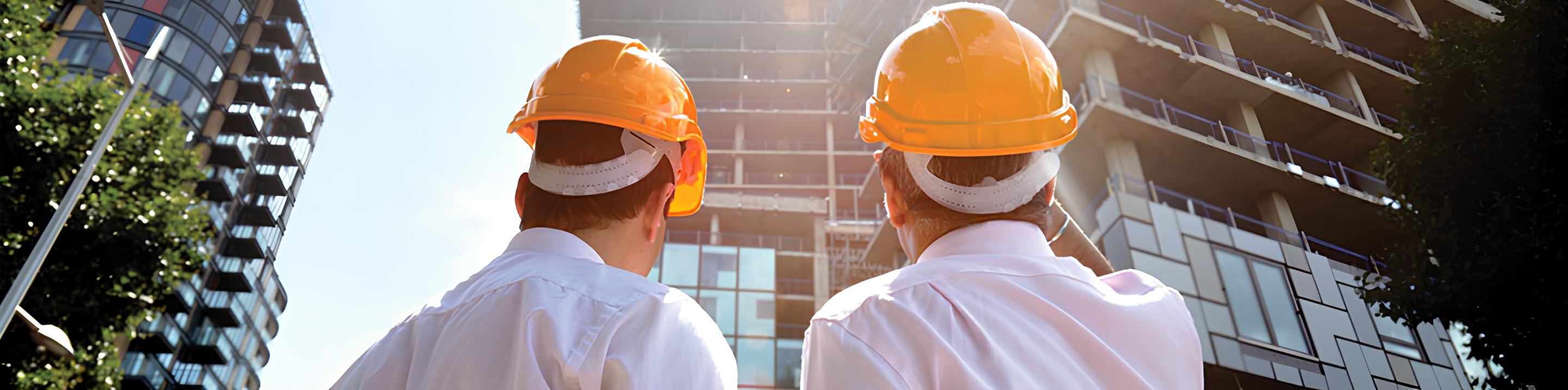 Two men wearing white shirts and yellow hard hats looking up at high rise buildings