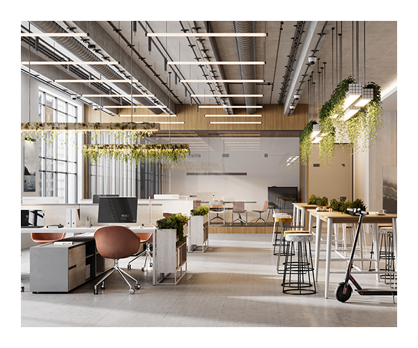 A room with a desk and chairs