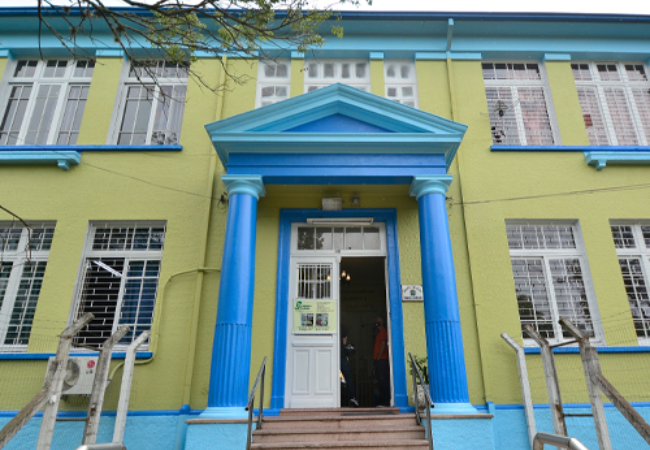 Green and blue school entrance 