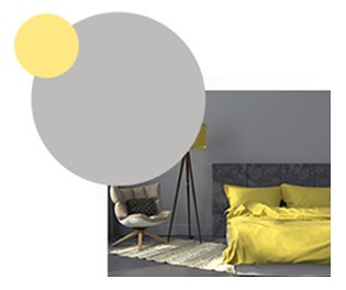 Žlutá a šedá ložnice