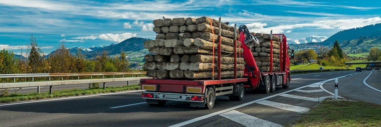 Trailer transporting logs travelling on road