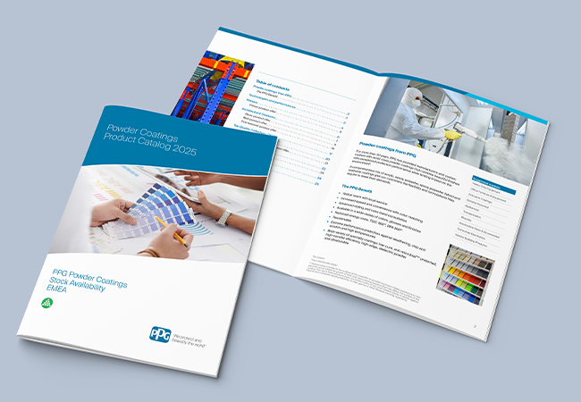 Powder coatings stock catalogue with a cover showing color cards, open on the contents and introduction