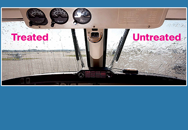 Image of aircraft window one side treated with surface seal, compared with untreated side