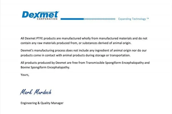 Certificate regarding PTFE plastics