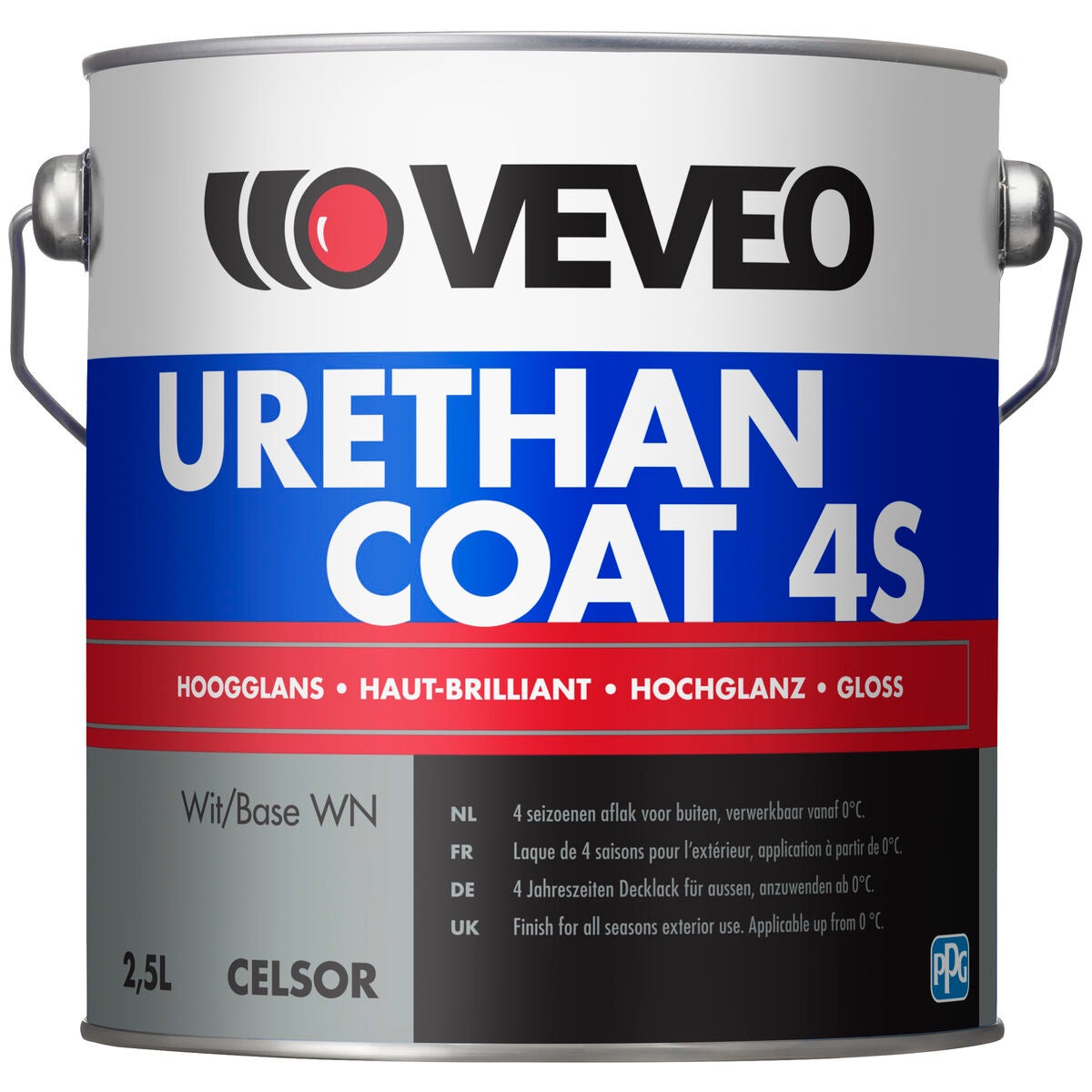 Een bus verf met een rood-wit-blauw label