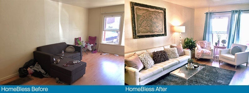 Before and after transformation of a living room by HomeBless, showcasing a cluttered and messy space on the left and a beautifully decorated, neat living room on the right.