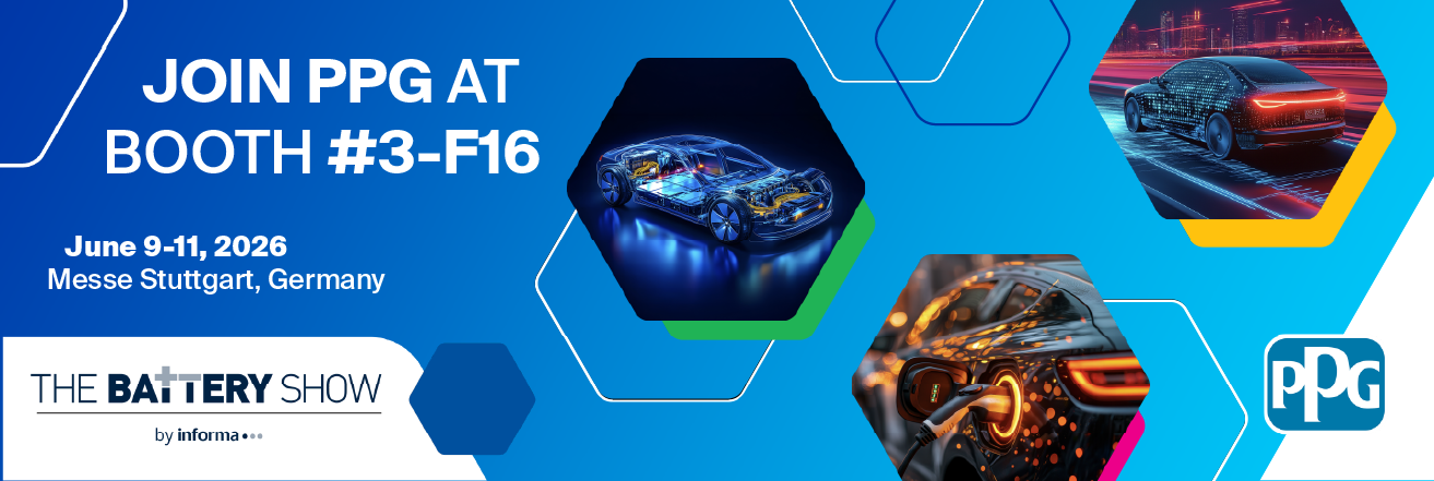 Promotional banner for PPG at The Battery Show 2026 featuring electric vehicle battery technology visuals and event details for booth #3-F16 in Stuttgart, Germany