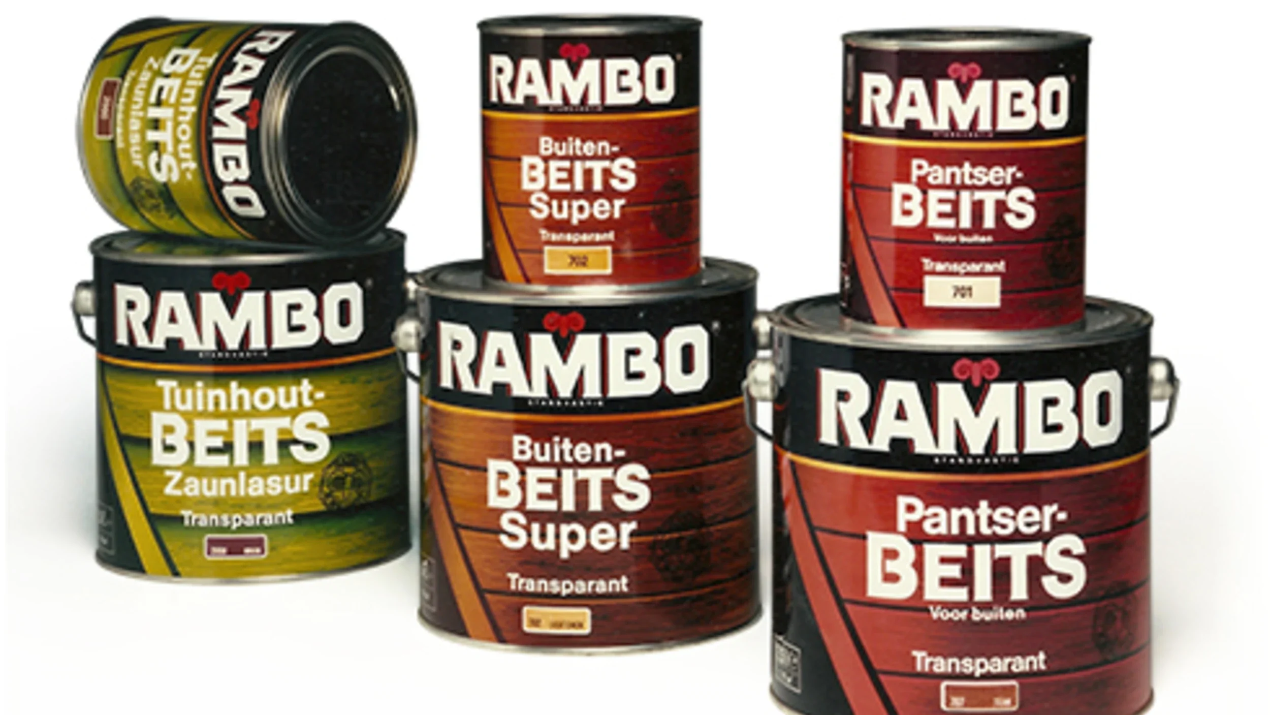 Assortiment Rambo beitsen voor buitenhout, waaronder Tuinhout Beits, Buiten Beits Super en Pantser Beits