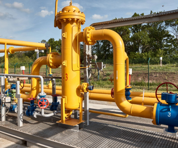 Yellow pipes and valves held together with stud bolts and nuts against a background of trees