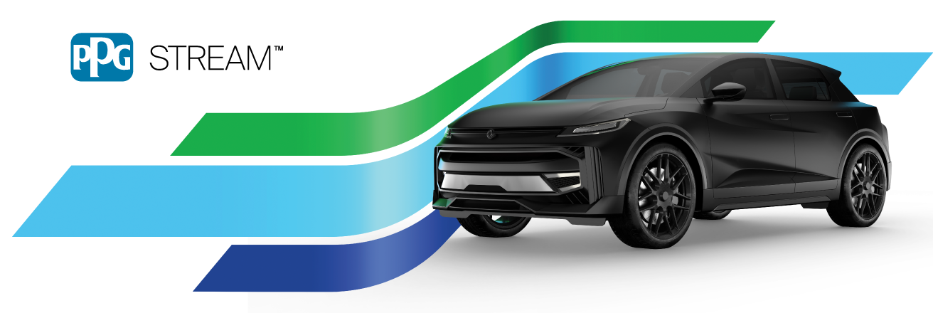 A black car featuring the PPG Stream logo