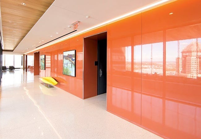 Open hallway against an orange wall background