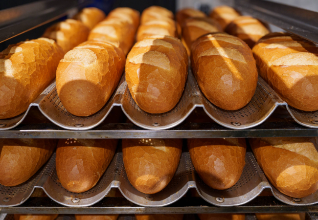 Bread cooling on a powder coated bread baking sheet.