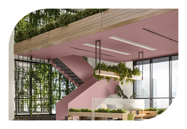 A pink staircase with plants on the ceiling
