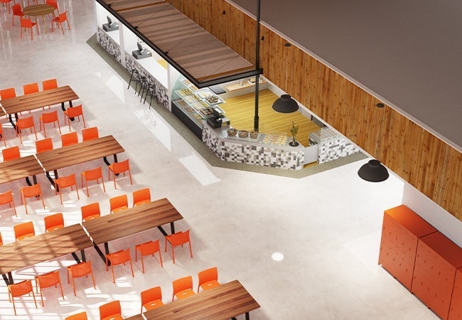An empty restaurant with tables and chairs