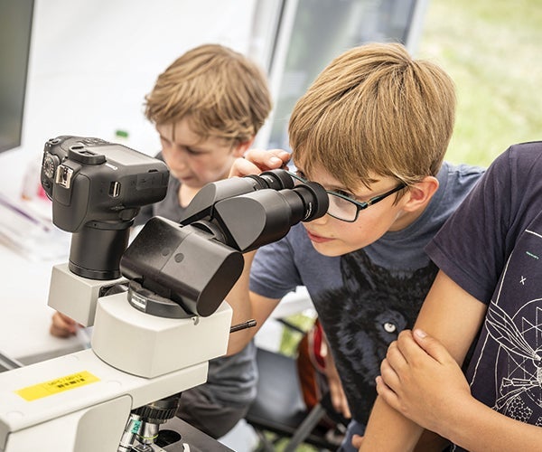 Young people using microscopes within PPG laboratory