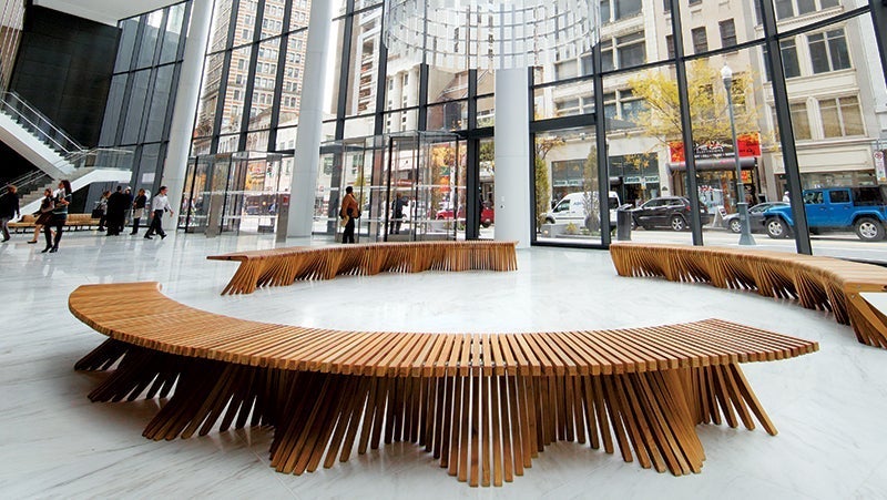 Entrance of PNC Plaza painted with PPG's Pitt-Glaze water-borne acrylic epoxy color Delicate White and decorated with wooden benches.