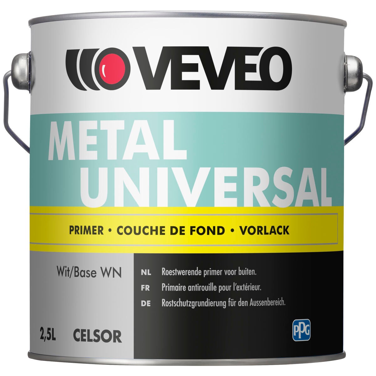 Een bus verf met een wit en zwart etiket