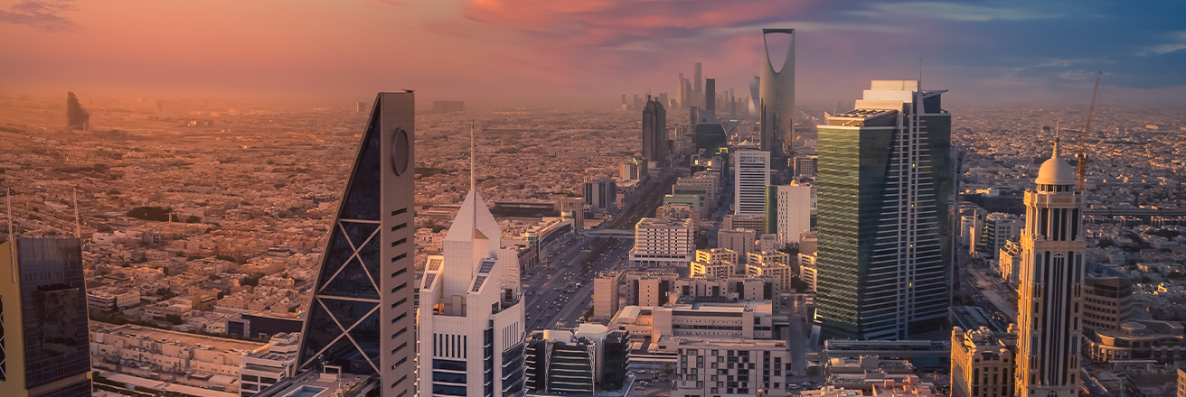 Saudi Arabia skyline - Kingdom Tower Riyadh - set against a sunset