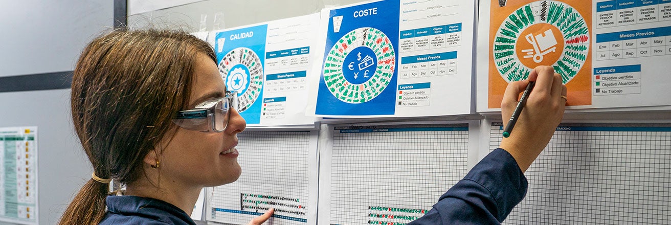 Female worker making notes on data charts