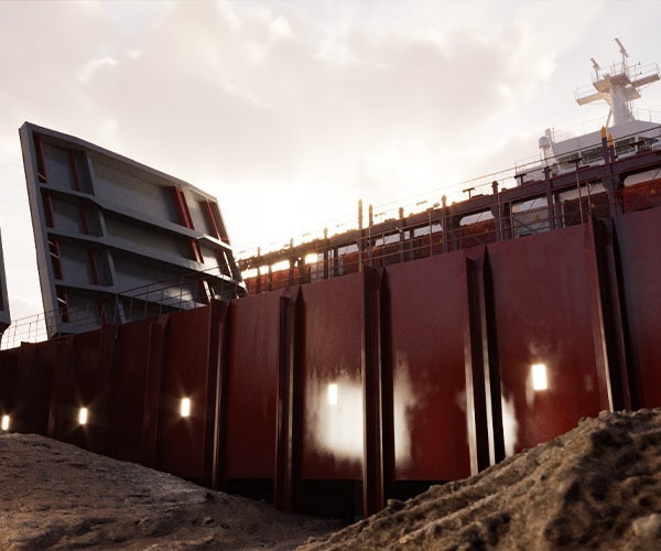 A large metal cargo hold wall
