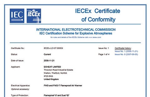 Exheat Heater Unit IECEx Certificate of Conformity