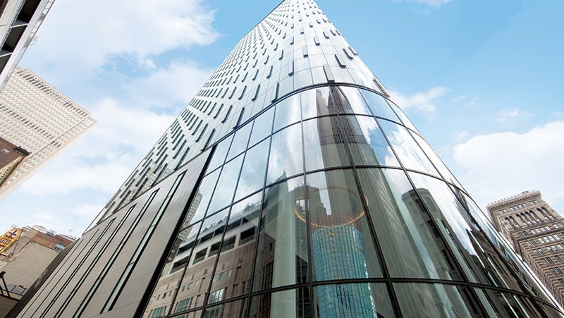 Worm's eye view of PNC Plaza in Pittsburgh, Pennsylvania – a glass-and-steel skyscraper.