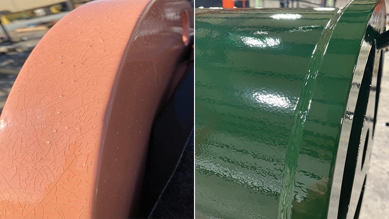 Split image comparing clear coat failure on a red surface with cracking texture on the left and a well-maintained, glossy green surface on the right