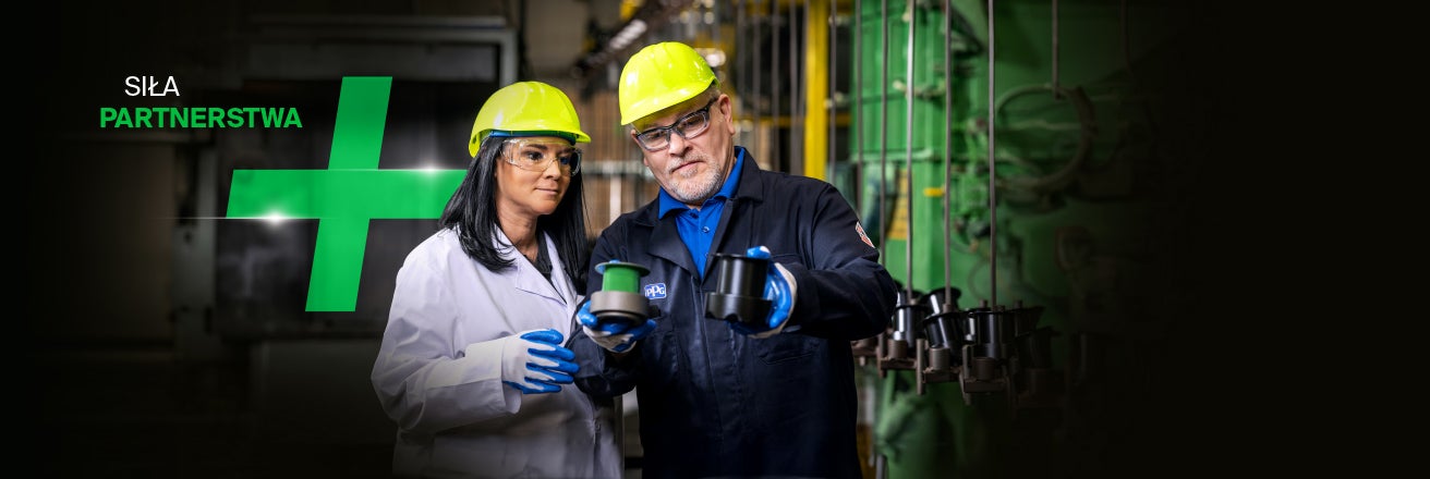 Sustainability header banner showing a woman and a man in protective clothing and yellow hard hats with a green plus sign in the background - wording in Polish