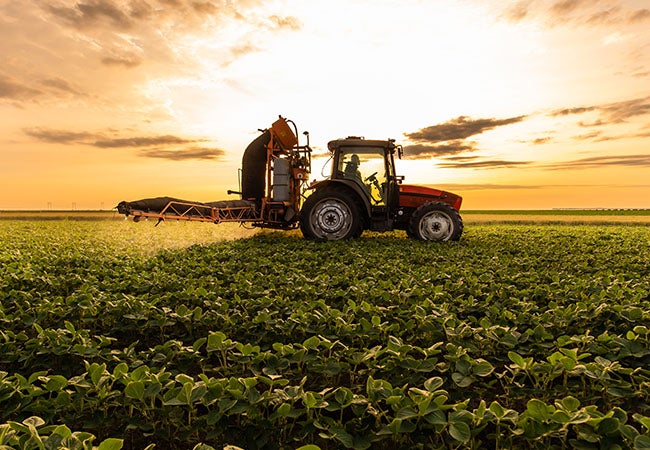 Harvesting equipment in a field backlit by a bright sky
