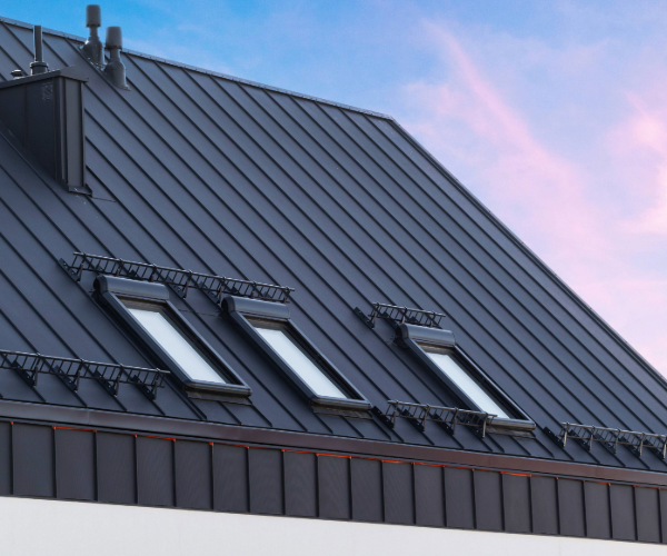 Grey roof panels with three skylights and chimney outlets against a blue sky