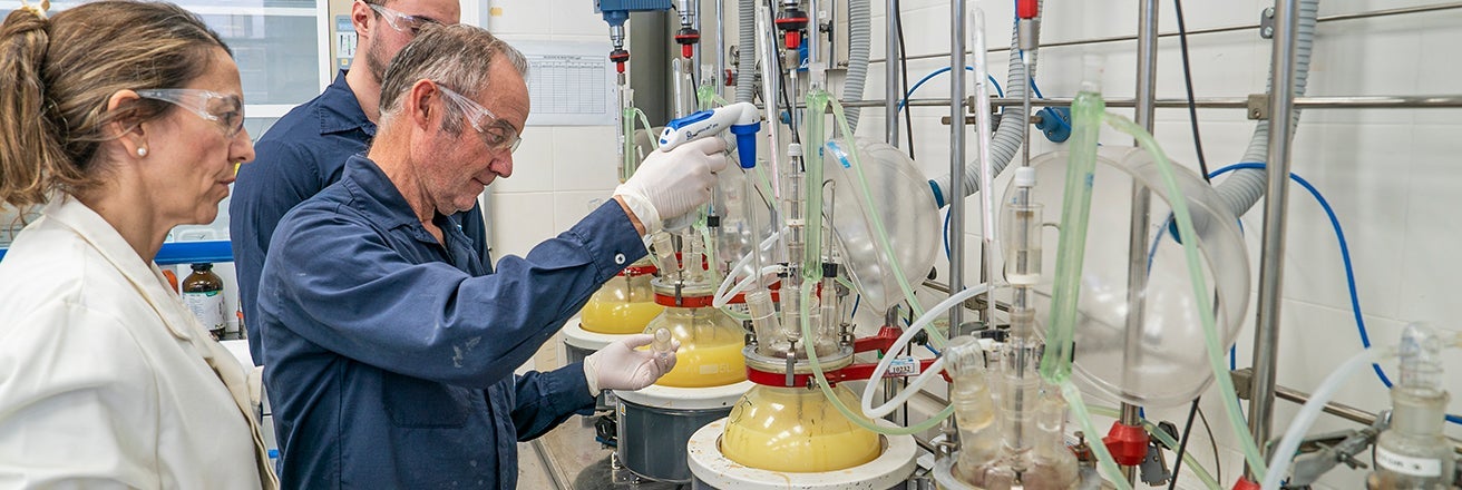 PPG employees wearing PPE inspecting equipment in laboratory