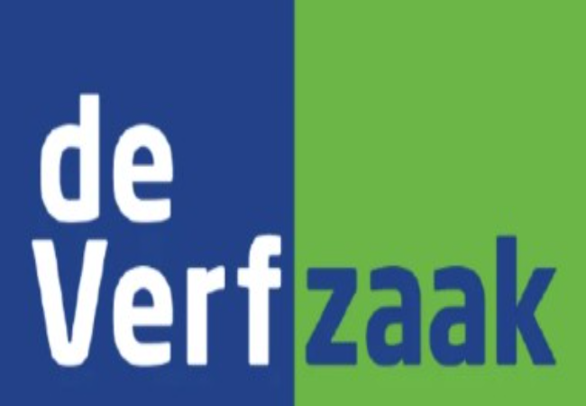 Een blauw en groen bord met de tekst "de Verfzaak"