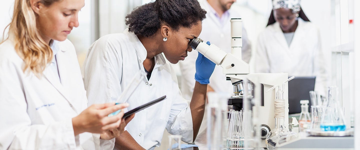 Two scientists examining samples under microscopes in a laboratory, surrounded by scientific equipment and glassware