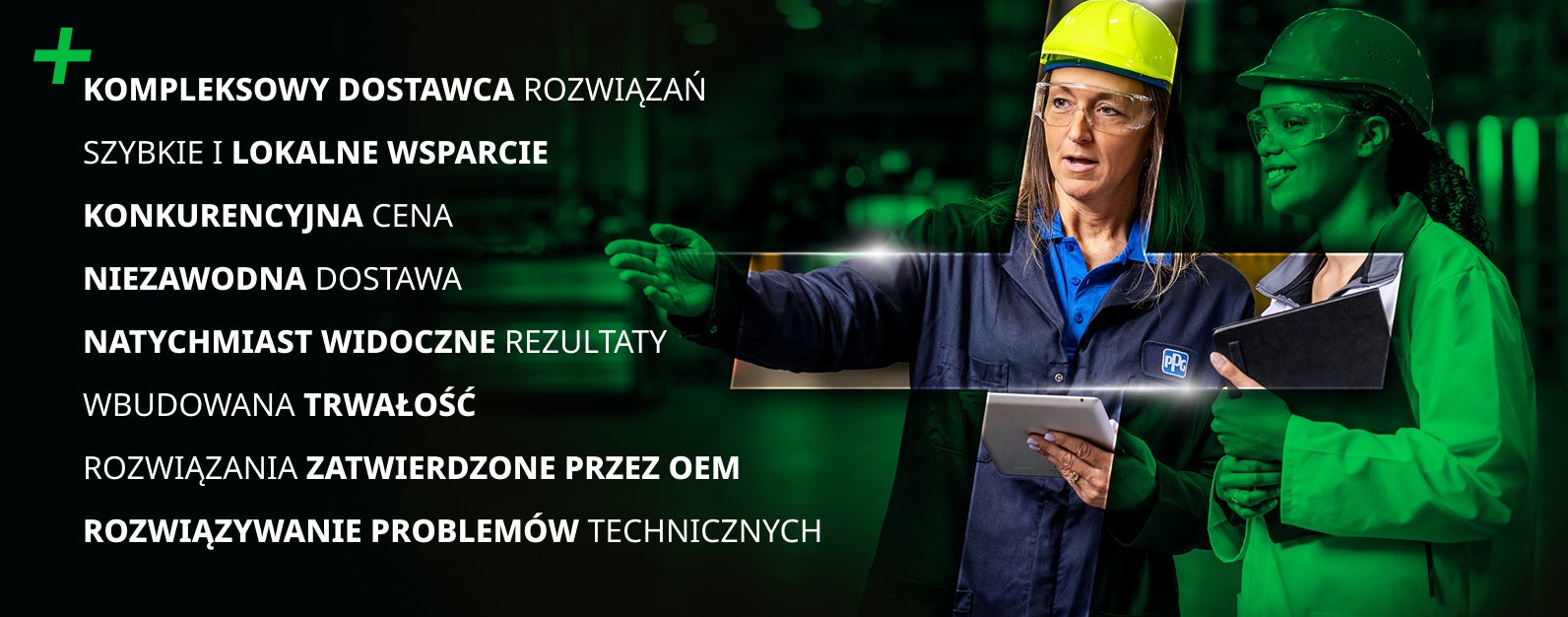 Power of a Partner image with green tint and a clear plus symbol showing two women wearing hard hats and carrying clip boards. Image overlay of key callouts in Polish