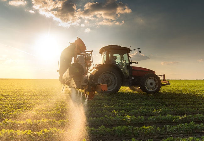 Harvesting equipment in a field backlit by a bright sky