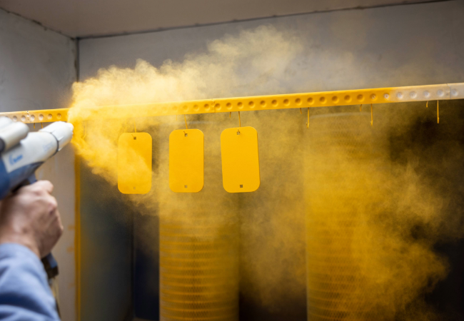 Metal panels being sprayed with yellow powder by applicator wearing blue protective clothing