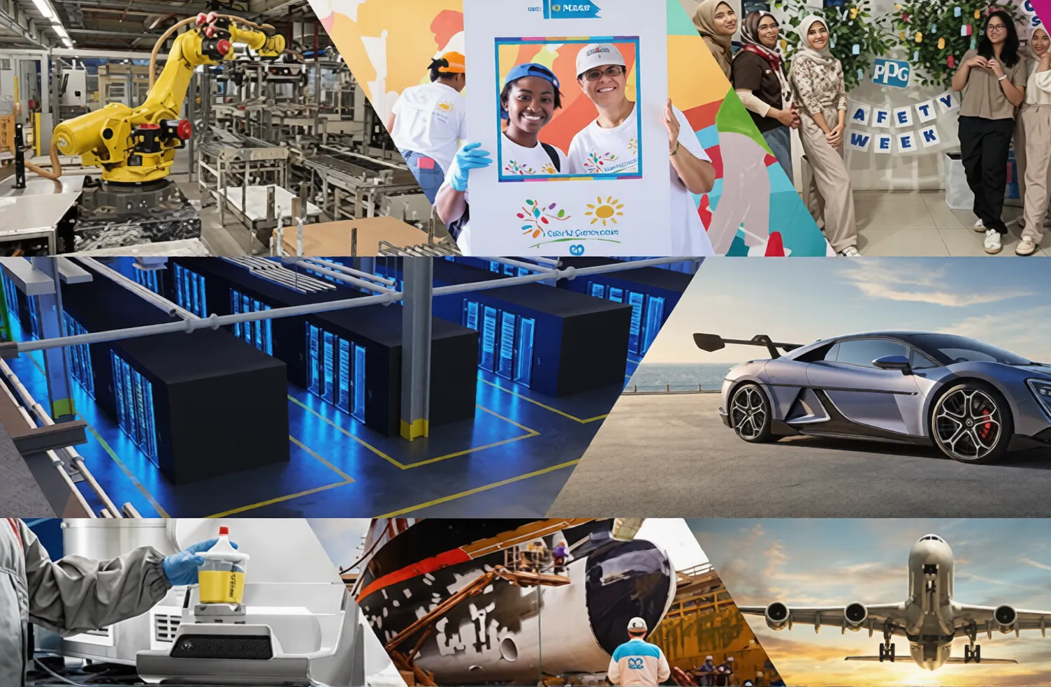 Een collage van foto’s met medewerkers en voertuigen.