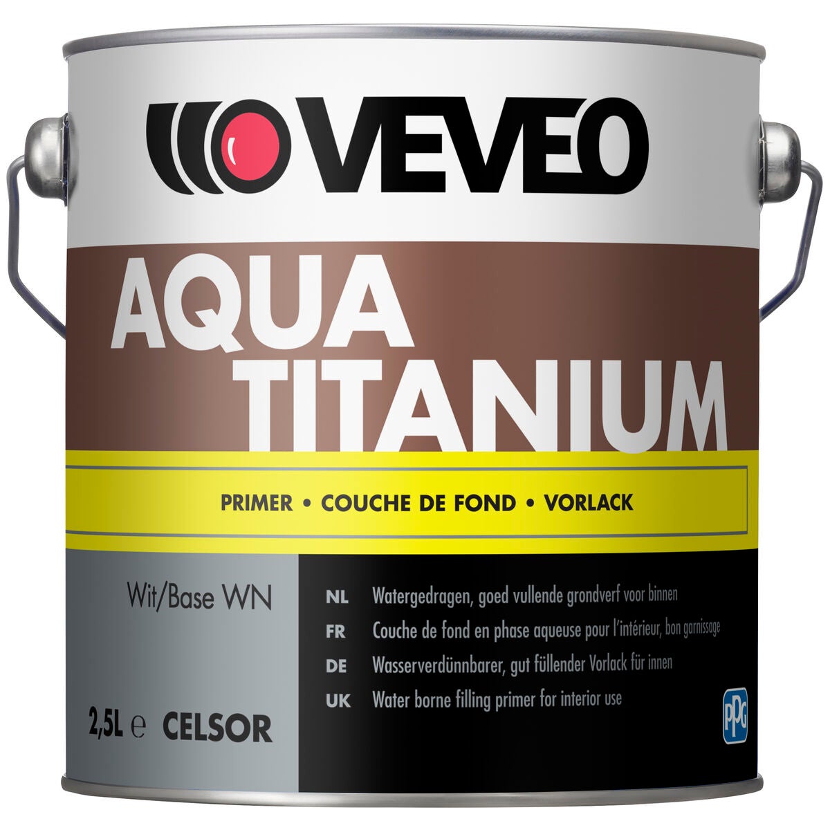 Een bus verf met een geel en bruin etiket