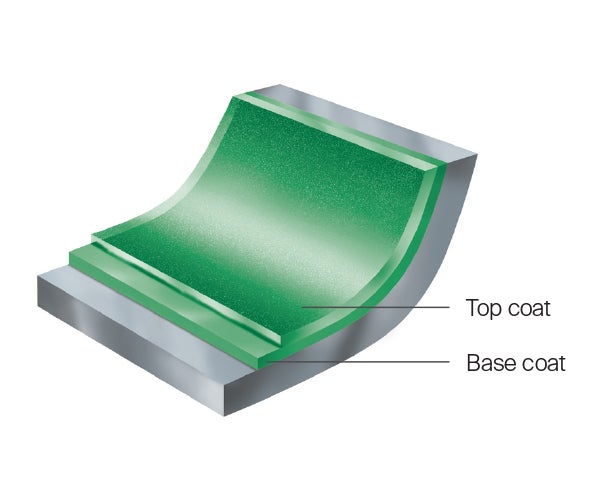 Layered powder image displaying metal substrate, green basecoat and green topcoat