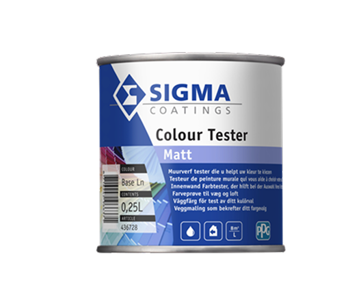 Een bus verf met een blauw etiket