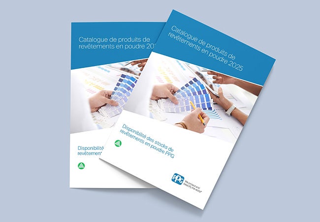 Pile of brochures showing the powder product offerings illustrated by color charts
