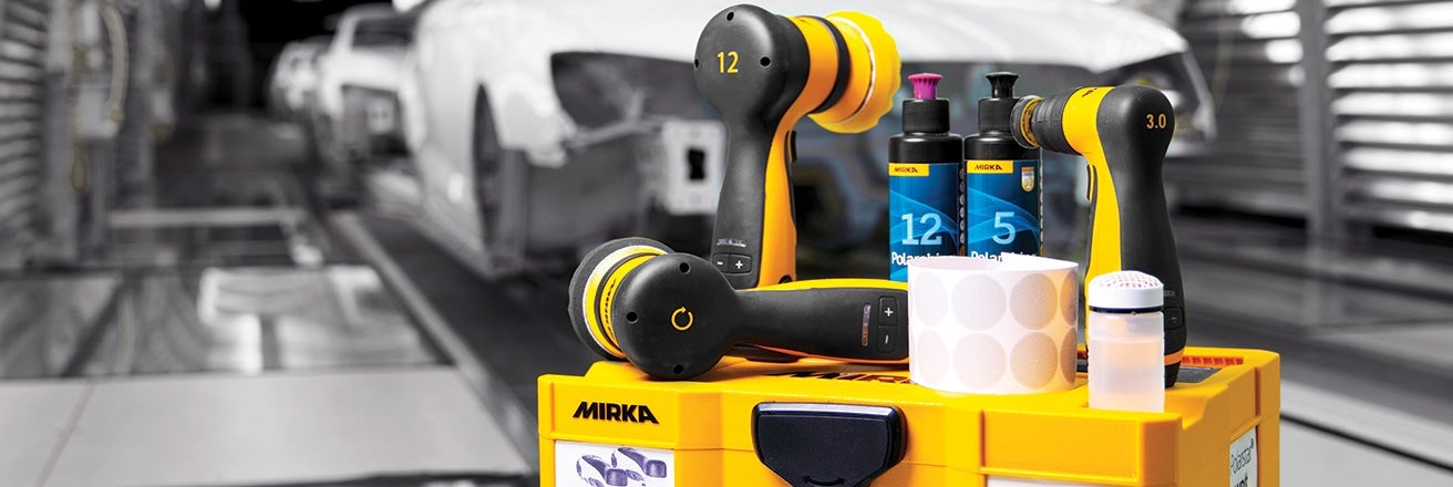 Mirka products arranged on top of case