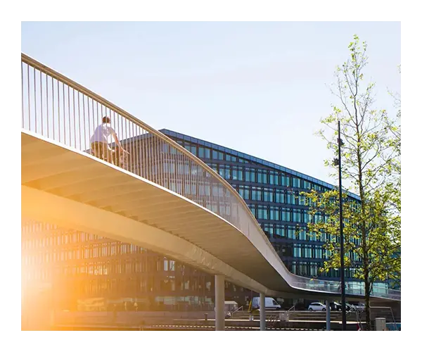 A man riding a bicycle on a bridge over a city