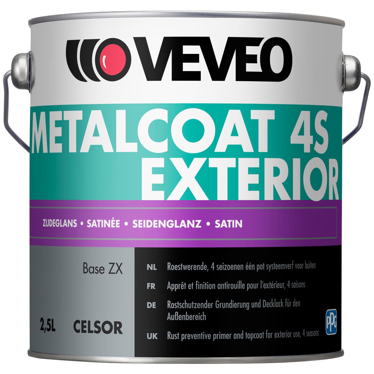 Een bus verf met een zwart en wit etiket