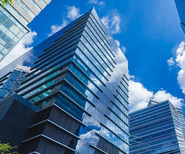 A low angle view of a skyscraper