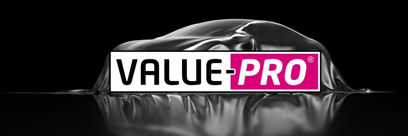 The Value Pro range signature image, the logo and a car under a cover ready for presentation