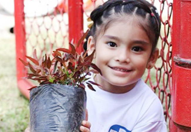 Small girl holding plant